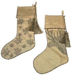 Farrisilk Christmas Stockings 28"X14" Tan Jute Burlap Moose Snowflake Set of 2